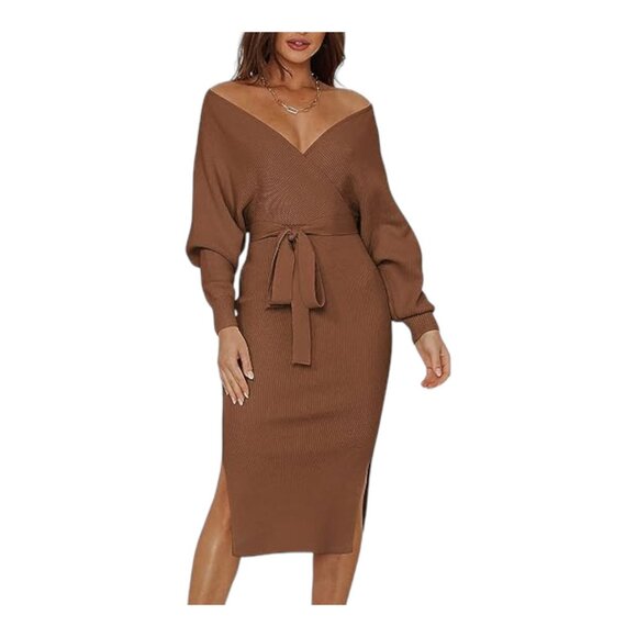 NEW Pink Queen Women's V Neck Maxi Knit Dress with Belt Color Brown Size M - Picture 2 of 8